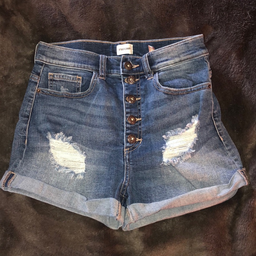 Slightly Distressed Denim High Rise Shorts